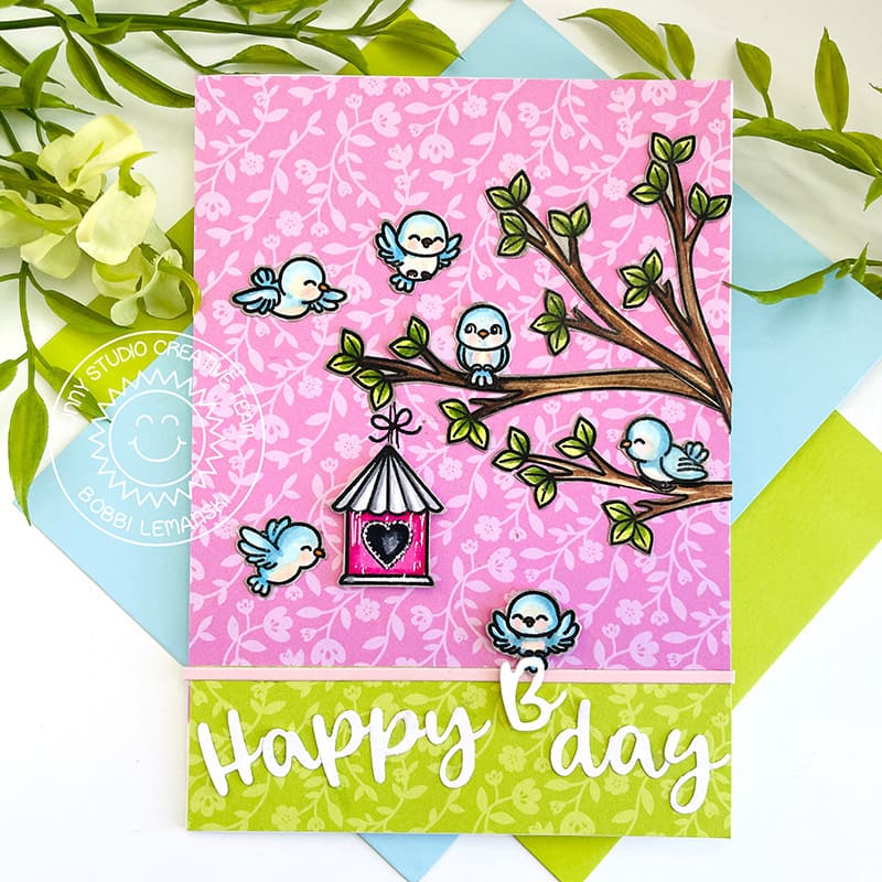 Sunny Studio Stamps Birds with Tree Branches and Birdhouse Happy B-day Birthday Card (using Hayley Uppercase Alphabet Dies)