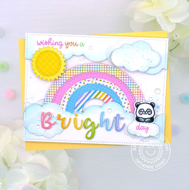Sunny Studio Wishing You A Bright Day Panda Bear with Rainbow & Clouds Card (using Panda Party 4x6 Clear Stamps)
