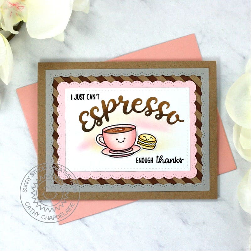 Sunny Studio I Can't Espresso Enough Thanks Coffee & Macaron Punny Thank You Card (using Frilly Frames Stripes Striped Dies)