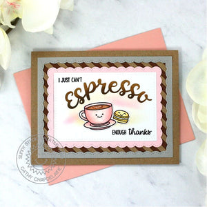Sunny Studio I Can't Espresso Enough Thanks Coffee & Macaron Punny Thank You Card (using Frilly Frames Stripes Striped Dies)