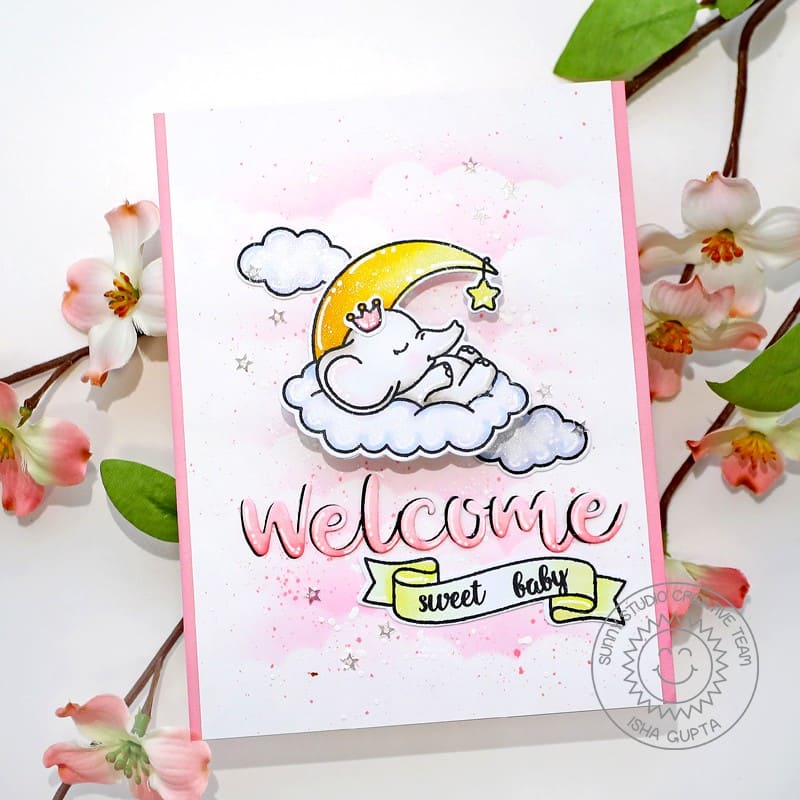 Sunny Studio Stamps Welcome Sweet Baby Girl Elephant Sleeping in Clouds Card using Hayley Uppercase Alphabet Cutting Dies