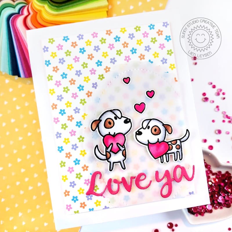 Sunny Studio Puppy Dogs Carrying Hearts Love Ya Card (using Hayley Lowercase Alphabet Metal Cutting Dies)