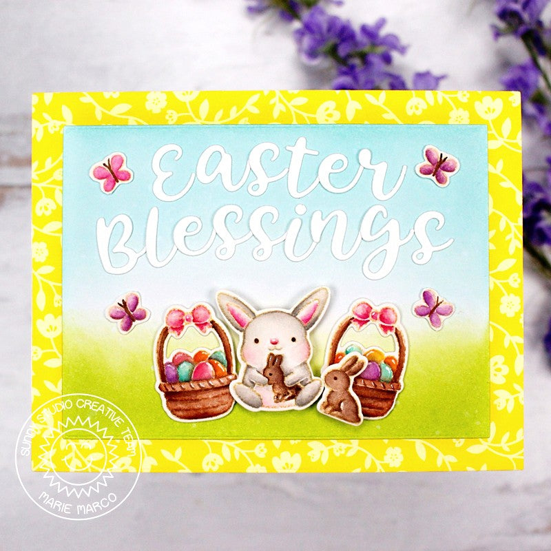 Sunny Studio Rabbit with Easter Baskets, Eggs & Chocolate Bunnies Blessings Card (using Chubby Bunny 4x6 Clear Stamps)