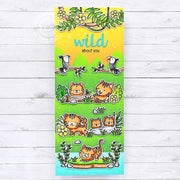 Sunny Studio Wild About You Tiger Slimline Juggle Love Themed Valentine's Day Card using Tropical Scenes Clear Border Stamps