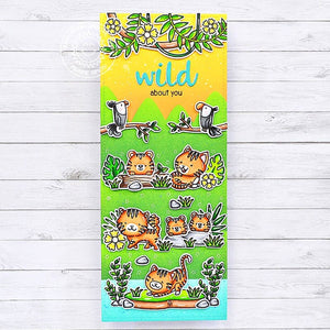 Sunny Studio Wild About You Tiger Slimline Juggle Love Themed Valentine's Day Card using Tropical Scenes Clear Border Stamps