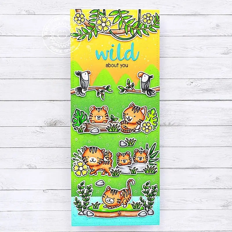 Sunny Studio Wild About You Tiger Slimline Juggle Love Themed Valentine's Day Card (using Purrfect Birthday Clear Stamps)