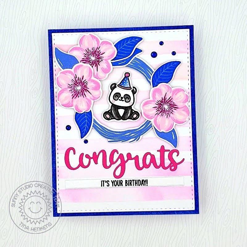 Sunny Studio Panda Bear & Cherry Blossoms It's Your Birthday Congrats Card (using Winter Wreaths 4x6 Clear Layering Stamps)