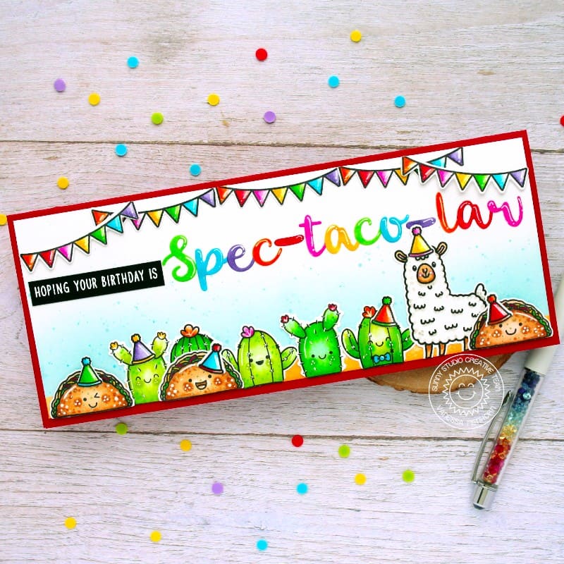 Sunny Studio Spec-Taco-Lar Birthday Punny Cactus & Taco Slimline Card (using Looking Sharp 3x4 Clear Stamps)