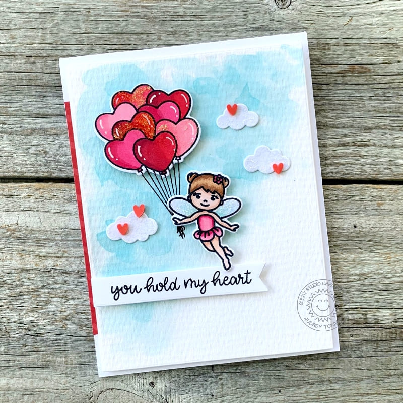 Sunny Studio You Hold My Heart Fairy Holding Balloons Valentine's Day Card (using Heart Bouquet 2x3 Mini Clear Stamps)