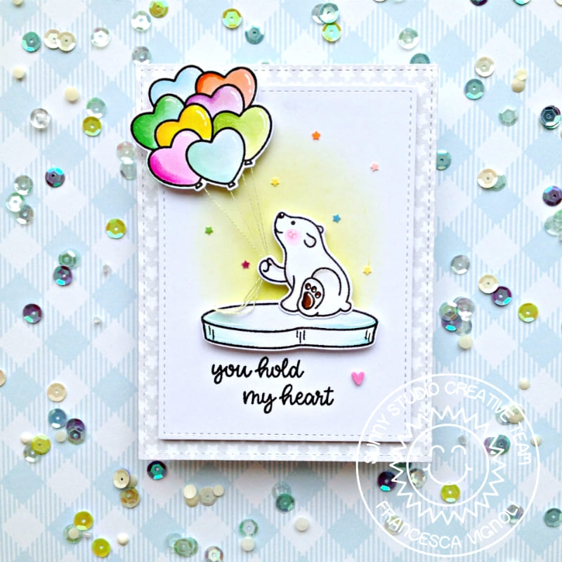 Sunny Studio You Hold My Heart Polar Bear with Rainbow Balloons Valentine's Day Card (using Heart Bouquet 2x3 Mini Clear Stamps)