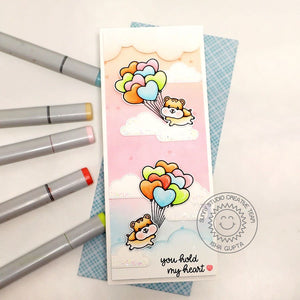 Sunny Studio Hamsters Floating with Pastel Rainbow Heart Balloons & Clouds Slimline Card (using Happy Hamsters 3x4 Stamps)