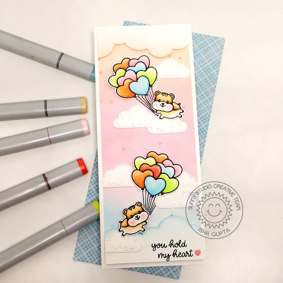 Sunny Studio Hamsters Floating with Pastel Rainbow Balloons & Clouds Slimline Card (using Heart Bouquet 2x3 Stamps)