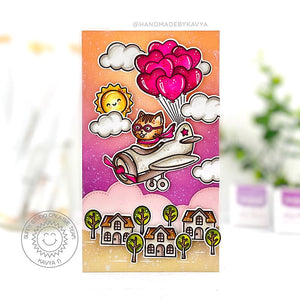 Sunny Studio Cat Flying Airplane with Heart Balloons & Clouds Mini Slimline Card (using Balloon Rides 4x6 Clear Stamps)