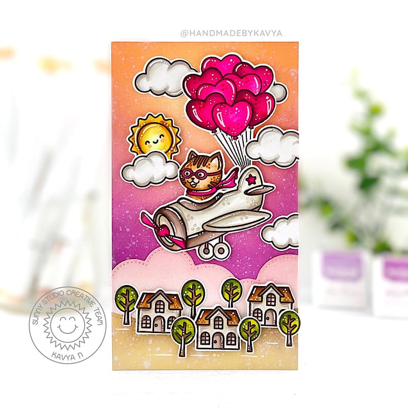 Sunny Studio Cat Flying Airplane with Heart Balloons & Clouds Mini Slimline Card using Plane Awesome 4x6 Clear Stamps