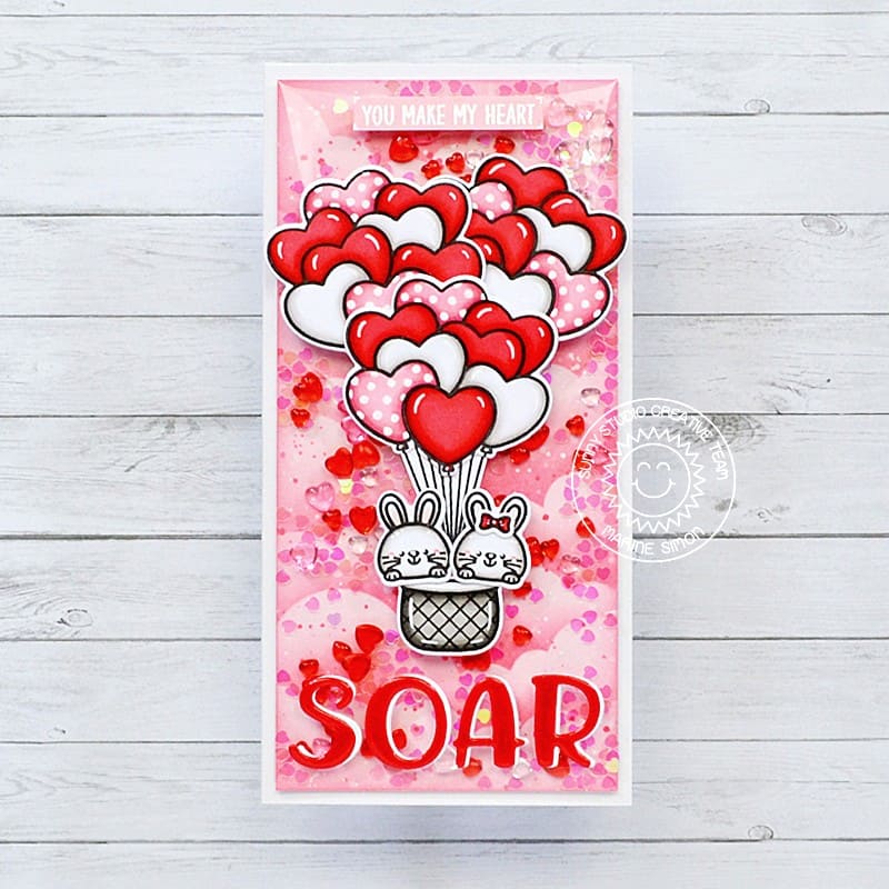 Sunny Studio You Make My Heart Soar Floating Balloons Mini Slimline Shaker Valentine's Day Card (using Heart Bouquet 2x3 Mini Clear Stamps)