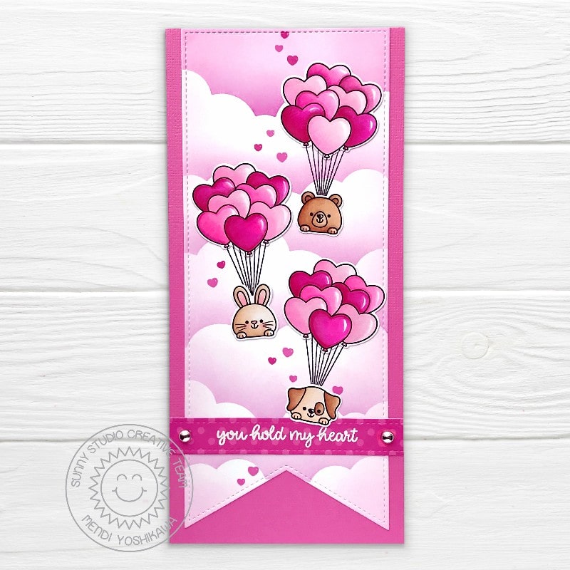 Sunny Studio Critters Floating with Pink Clouds & Heart Balloons Slimline Card (using Heart Bouquet 2x3 Mini Clear Stamps)