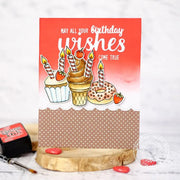 Sunny Studio Stamps Candles in Ice Cream Cone, Cupcake & Donut Birthday Wishes Card using Stitched Scallop Metal Cutting Dies