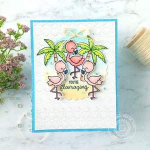 Sunny Studio Stamps Flamingo Card with stitched scalloped background using Heartstring Heart Border Metal Cutting Dies