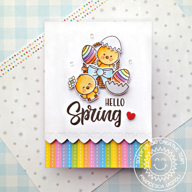 Sunny Studio Stamps Hello Spring Chicks with Easter Basket & Eggs Card using Heartstring Heart Border Metal Cutting Dies