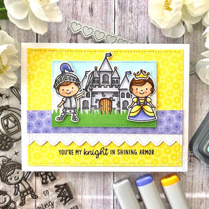 Sunny Studio Stamps You're My Knight In Shining Armor Princess with Castle Card using Heartstring Heart Border Cutting Dies