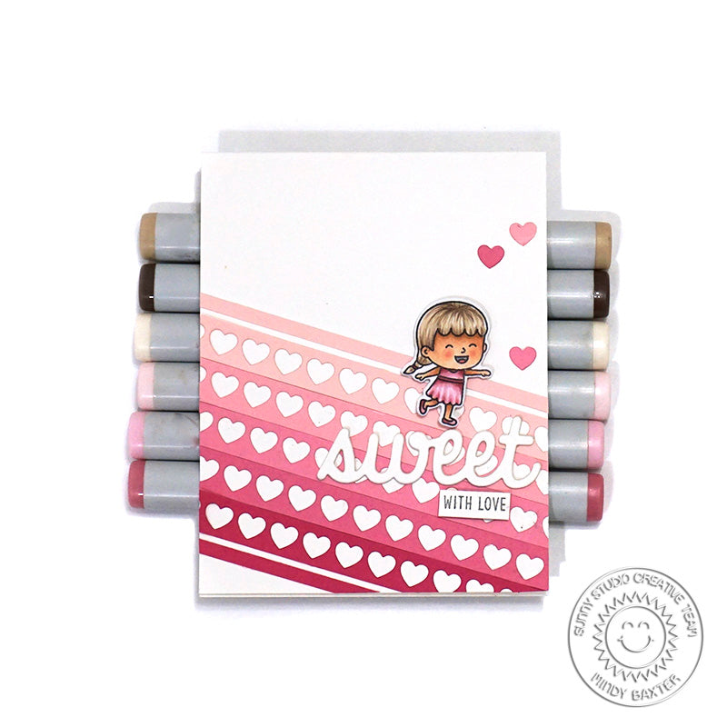 Sunny Studio Stamps Spring Showers Valentine's Day Girl's Pink & Red Ombre Heart Border Handmade Card Set by Mindy Baxter