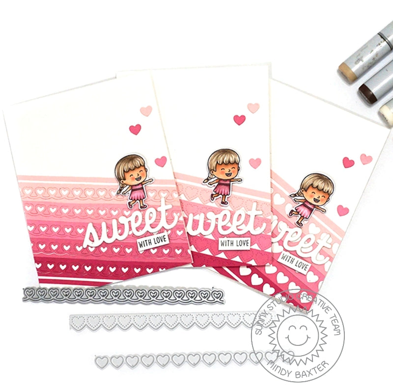 Sunny Studio Stamps Pink & Red Ombre Girl Valentine's Day Card Set (using Heartstrings Heart Border Cutting Dies)