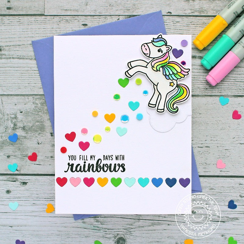 Sunny Studio Stamps Trailing Scattered Heart Confetti Rainbow Pegasus Handmade Card (using Heartstrings Border Cutting Dies)