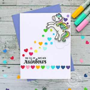 Sunny Studio Prancing Pegasus Rainbow Trailing Heart Confetti Handmade Card by Vanessa Menhorn