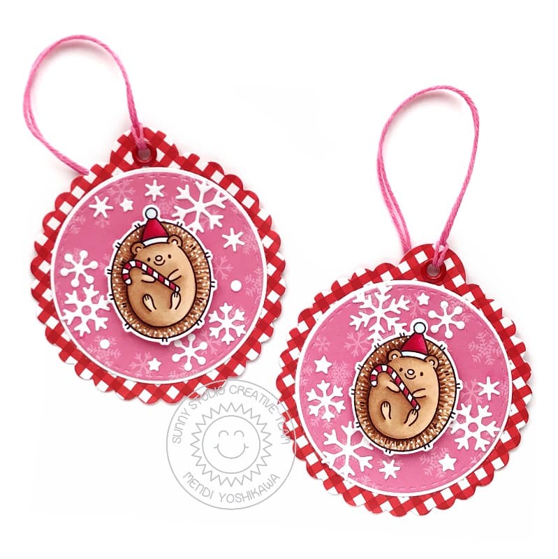 Sunny Studio Stamps Red Gingham & Pink Snowflake Hedgehog Scalloped Handmade Christmas Holiday Gift Tags (using Snowflake Circle Frame Metal Cutting Dies)