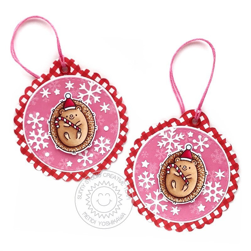 Sunny Studio Stamps Red Gingham Snowflake Hedgehog Christmas Holiday Gift Tags using Scalloped Circle Tag Metal Cutting Dies