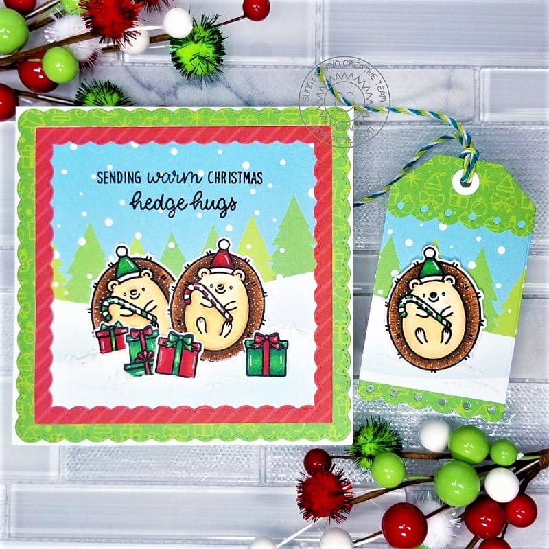 Sunny Studio Punny Hedgehog Handmade Holiday Christmas Card & Gift Tag using Hedgey Holidays 2x3 Clear Photopolymer Stamps