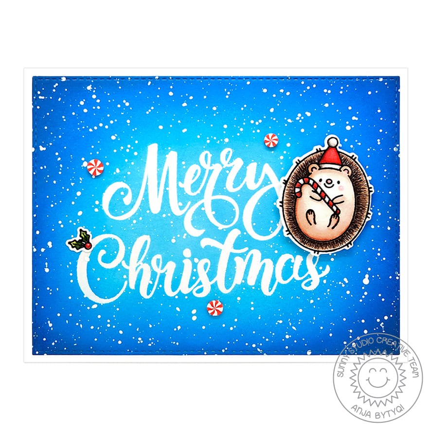 Sunny Studio Merry Christmas Hedgehog with Peppermint Candy Cane Holiday Card using Season's Greetings Clear Sentiment Stamps