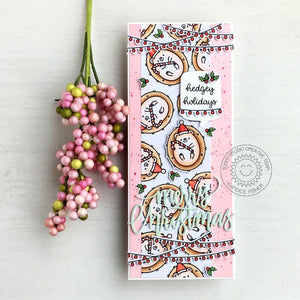 Sunny Studio Punny Hedgehogs Pink Slimline Handmade Christmas Card using Hedgey Holidays 2x3 Clear Photopolymer Stamps