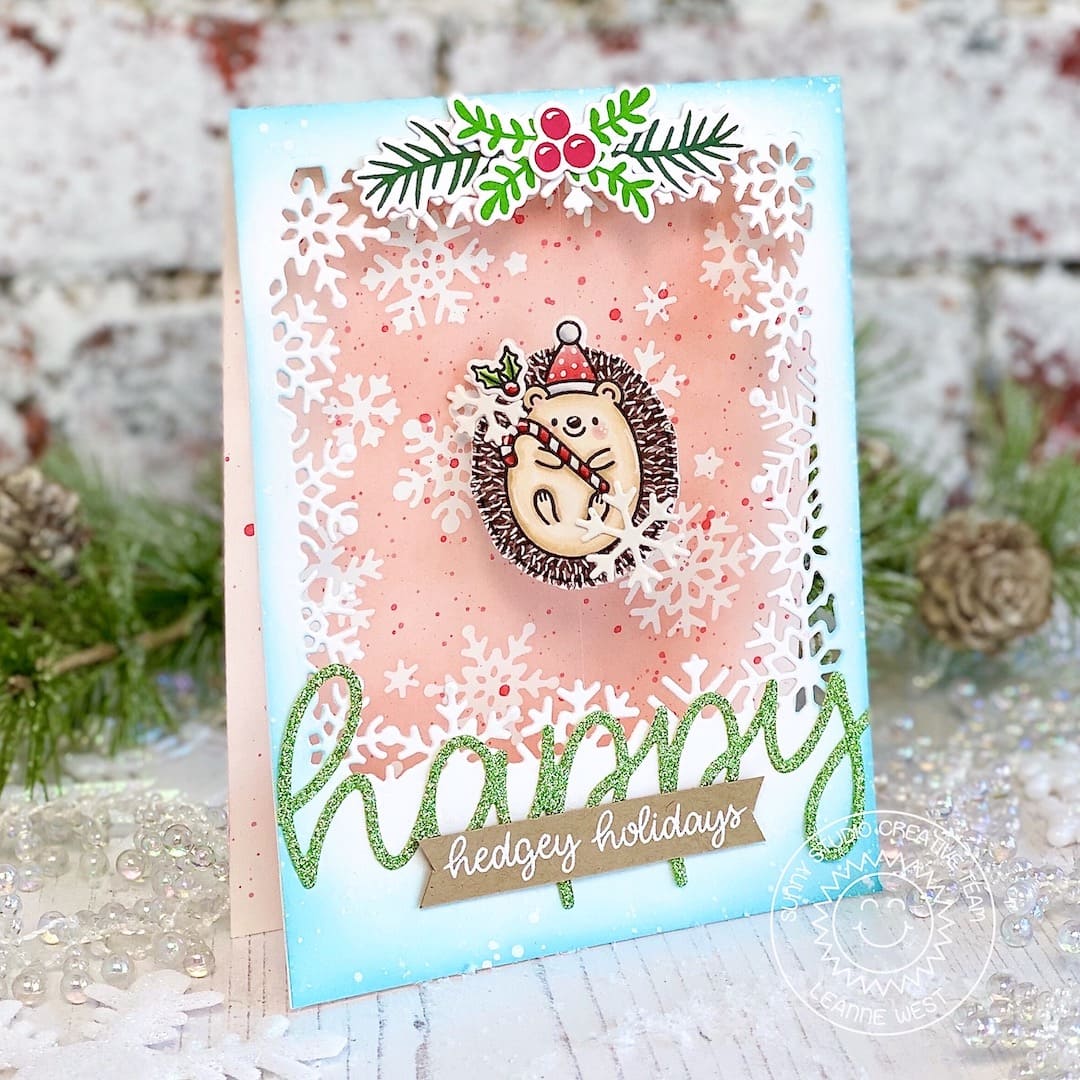 Sunny Studio Stamps Hedgehog Holiday Christmas Spinner Card by Leanne West using Layered Snowflake Frame Craft Cutting dies