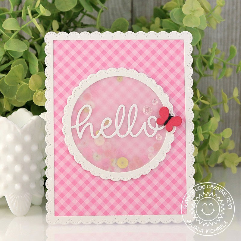 Sunny Studio Stamps Hello Shaker Card using Stitched Scalloped Fancy Frames Rectangle Die