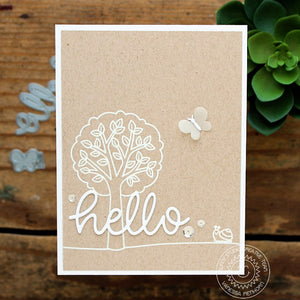 Sunny Studio Stamps White Embossing on Kraft Monochromatic Tree Card using Hello Word Die