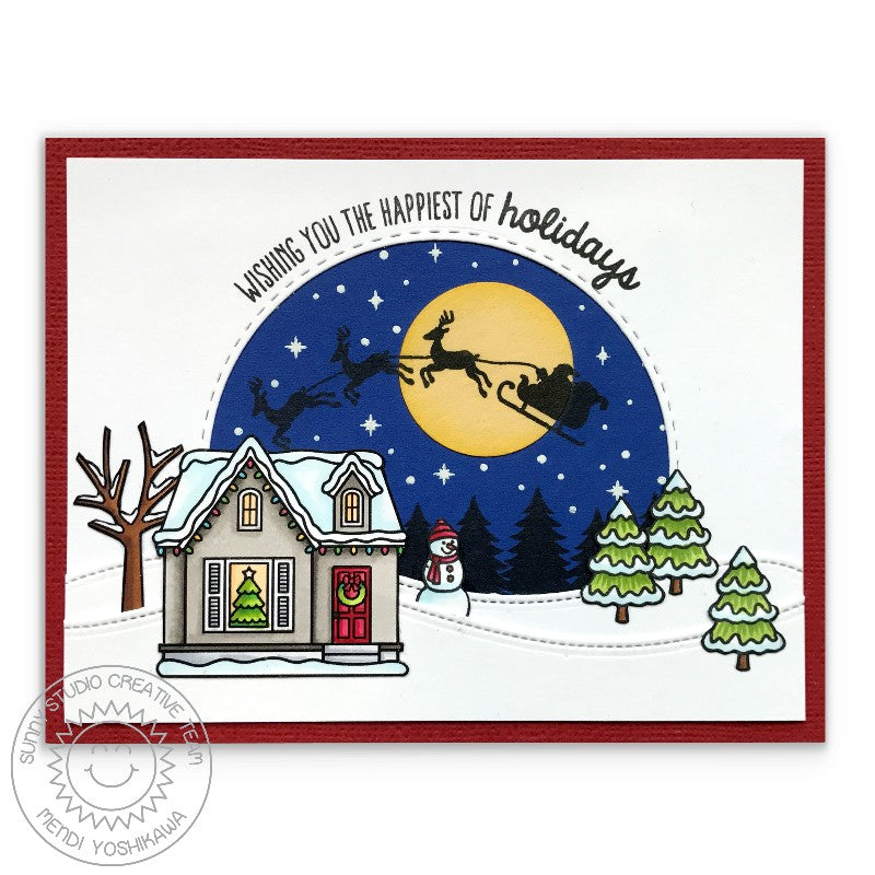 Sunny Studio Stamps Santa with Reindeer flying over house with Moon Handmade Holiday Christmas Card by Mendi (using stitched Woodland Hillside Border Dies)