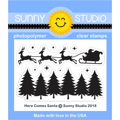 Sunny Studio Stamps Here Comes Santa 2x3 Santa's Sleigh with Reindeer & Fir Tree Border mini stamp set