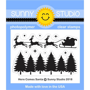 Sunny Studio Stamps Here Comes Santa 2x3 Santa's Sleigh with Reindeer & Fir Tree Border mini stamp set
