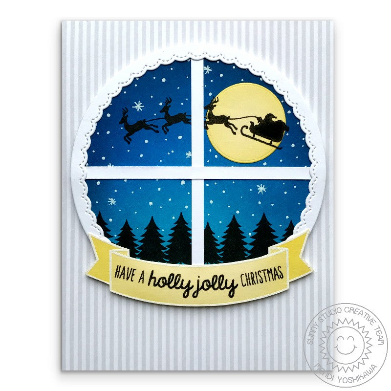 Sunny Studio Stamps Here Comes Santa Reindeer & Sleigh Window Style Card by Mendi Yoshikawa