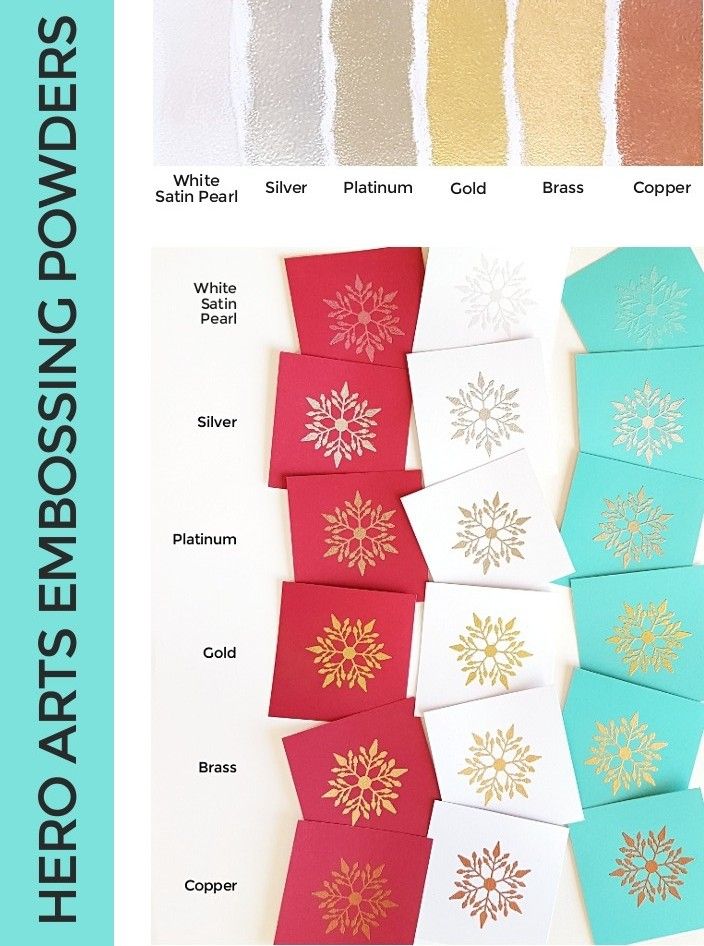 Hero Arts Embossing Powders Comparison Chart with White Satin Pearl, Silver, Platinum, Gold, Brass & Copper