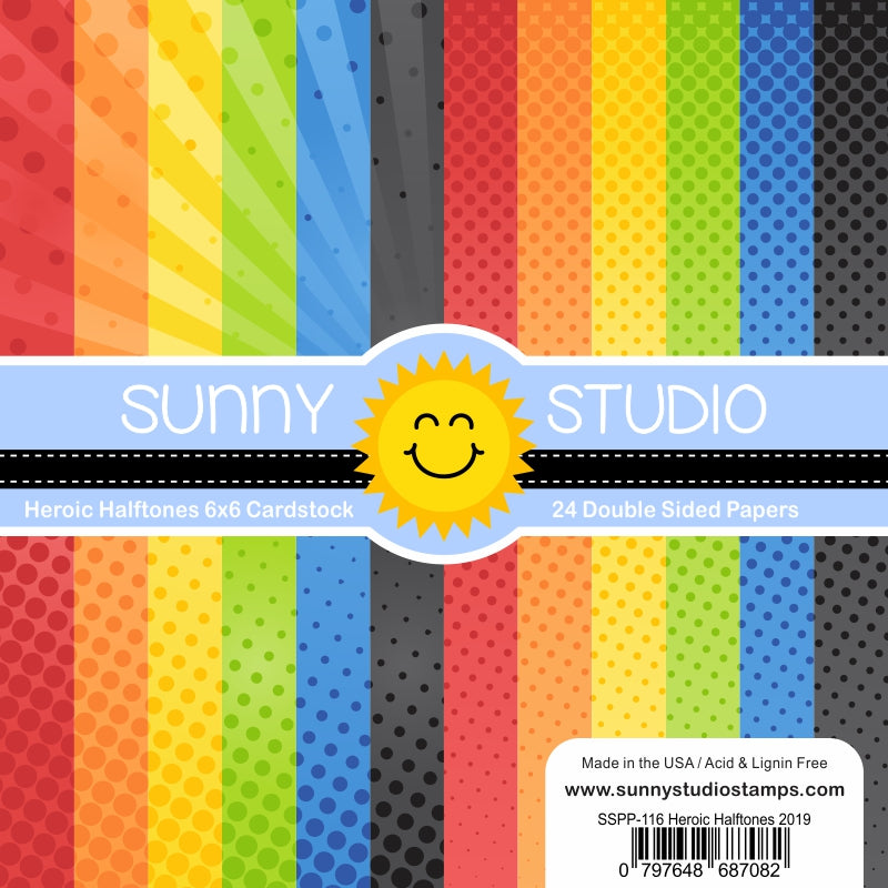Sunny Studio Stamps Heroic Halftones 6x6 Primary Dots Double Sided Patterned Paper Pack- 24 sheets