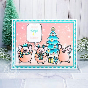 Sunny Studio Holiday Hugs Pigs with Christmas Tree Pink & Aqua Card (using Hogs & Kisses 3x4 Clear Stamps)