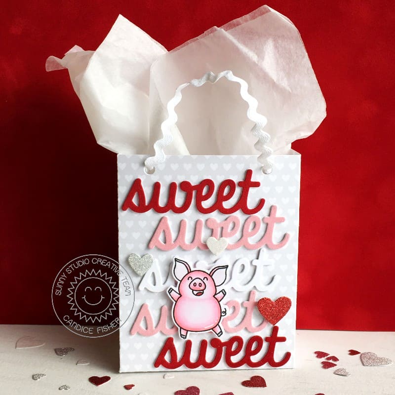 Sunny Studio Pig Red & Pink Heart Valentine's Day Sweet Treat Gift Bag (using Hogs & Kisses 3x4 Clear Stamps)