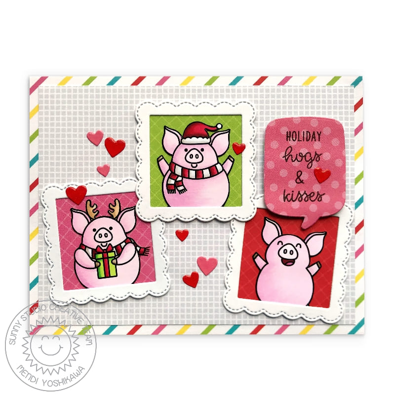 Sunny Studio Rainbow Pig Holiday Christmas Card with Scalloped Square Frames (using Hogs & Kisses 3x4 Clear Stamps)
