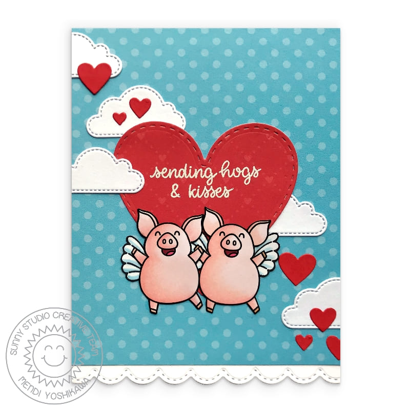 Sunny Studio Sending Hugs Heart with Clouds Pig Valentine's Day Card (using Hogs & Kisses 3x4 Clear Stamps)