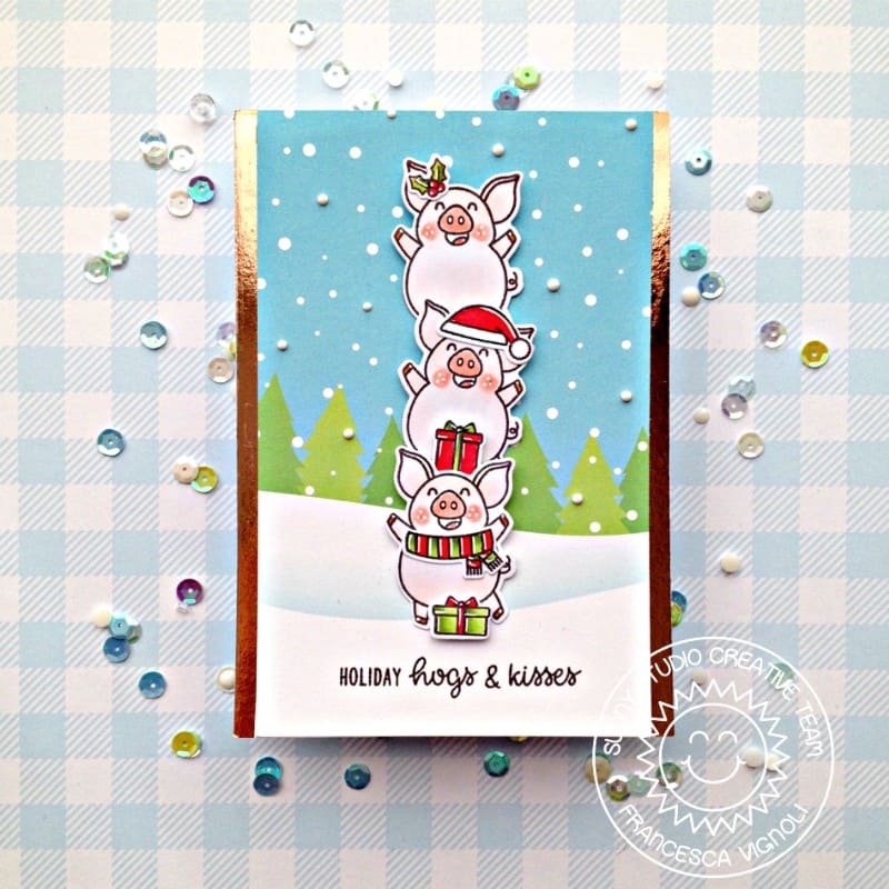 Sunny Studio Stacked Piggies Pig Holiday Christmas Card (using Hogs & Kisses 3x4 Clear Stamps)