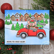 Sunny Studio Pig Holiday Christmas Card with Fir Trees and Neighborhood Houses by Juliana (using Scenic Route Clear Stamps)
