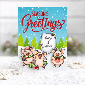Sunny Studio Pig Handmade Christmas Holiday Card by Leanne West (using Season's Greetings Stamps)