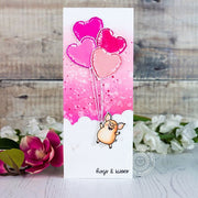 Sunny Studio Pig Floating with Heart Balloons Slimline Valentine's Day Card (using Hogs & Kisses 3x4 Clear Stamps)